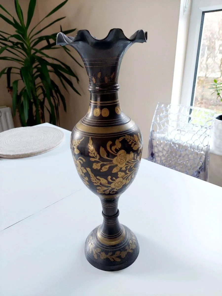 Vintage Black & Gold Etched Brass Vase - Image 1