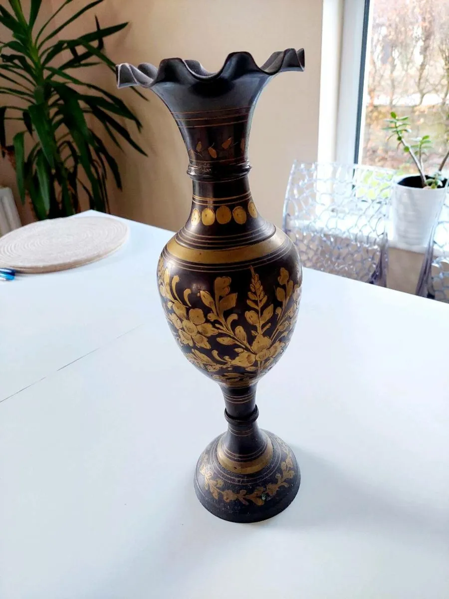 Vintage Black & Gold Etched Brass Vase - Image 4