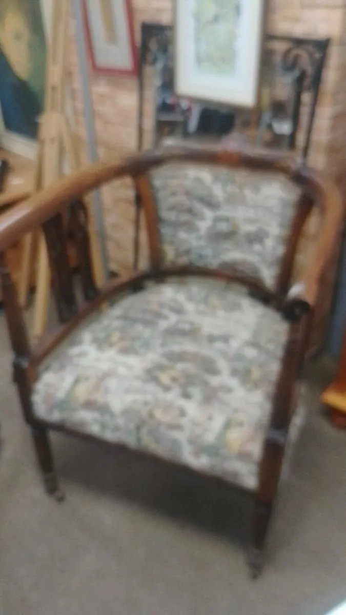 Victorian Era Inlaid Horshoe Armchair - Image 1