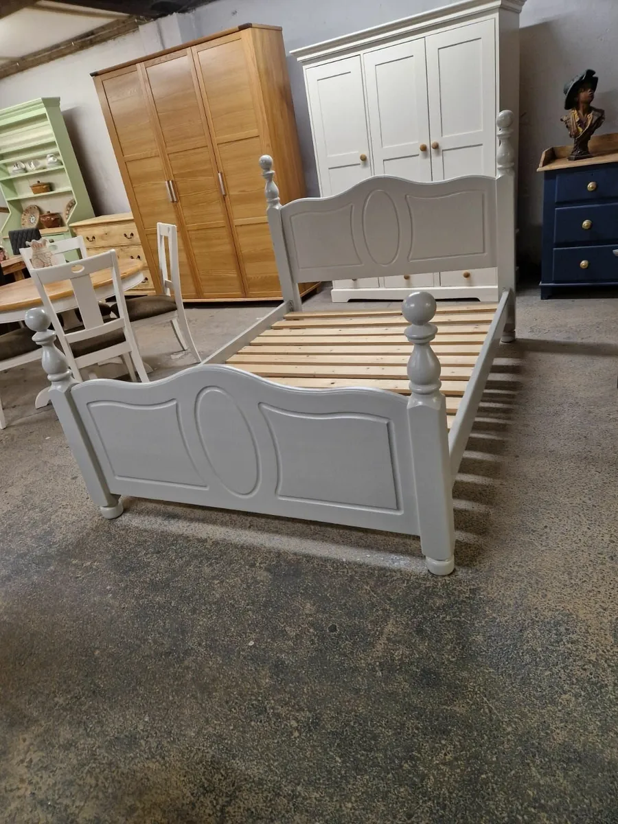 Carved panel pine double bed, grey