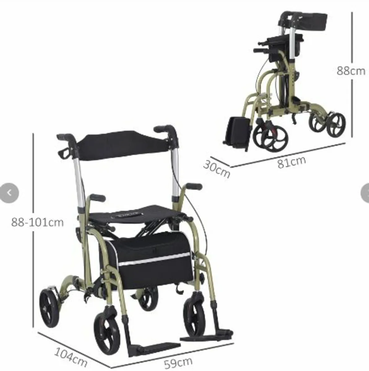 Rollator Walker Wheelchair, with Brakes and Bag - - Image 2