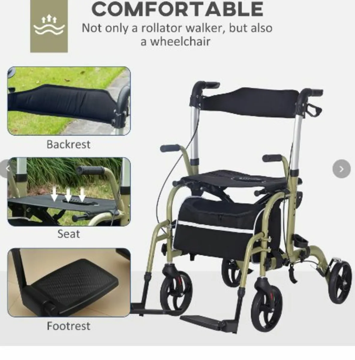 Rollator Walker Wheelchair, with Brakes and Bag - - Image 3