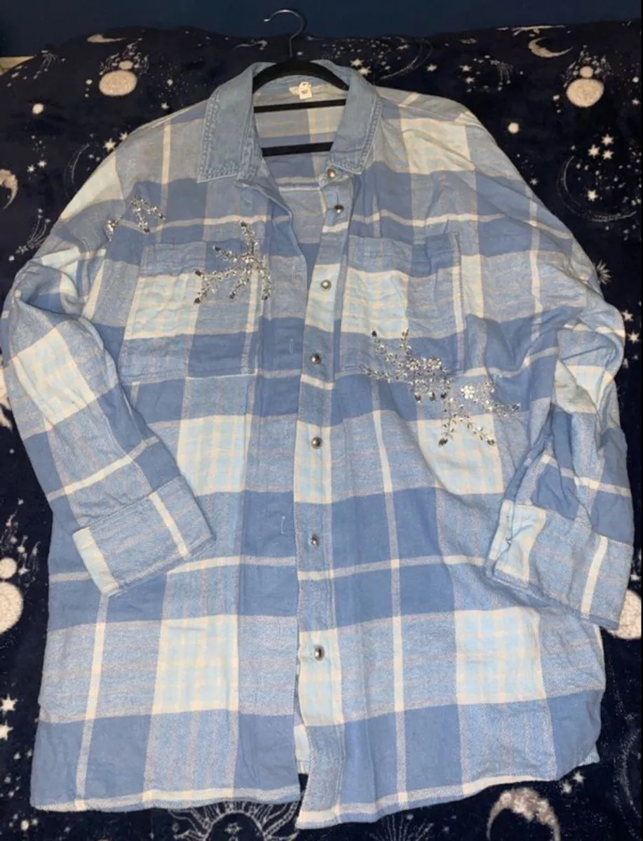 Blue Check Embellished Longline Shirt - Image 1