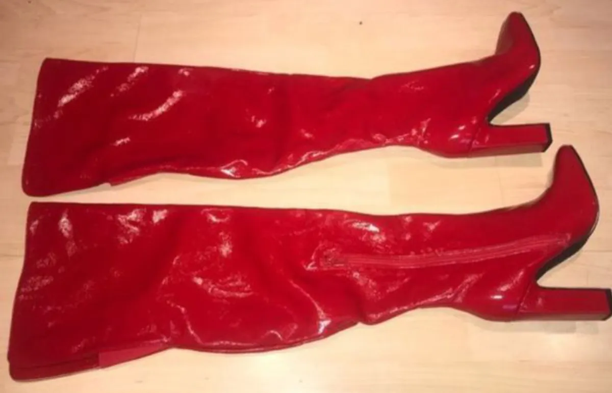 Patent Red Over The Knee Block Heel Boots - Image 1