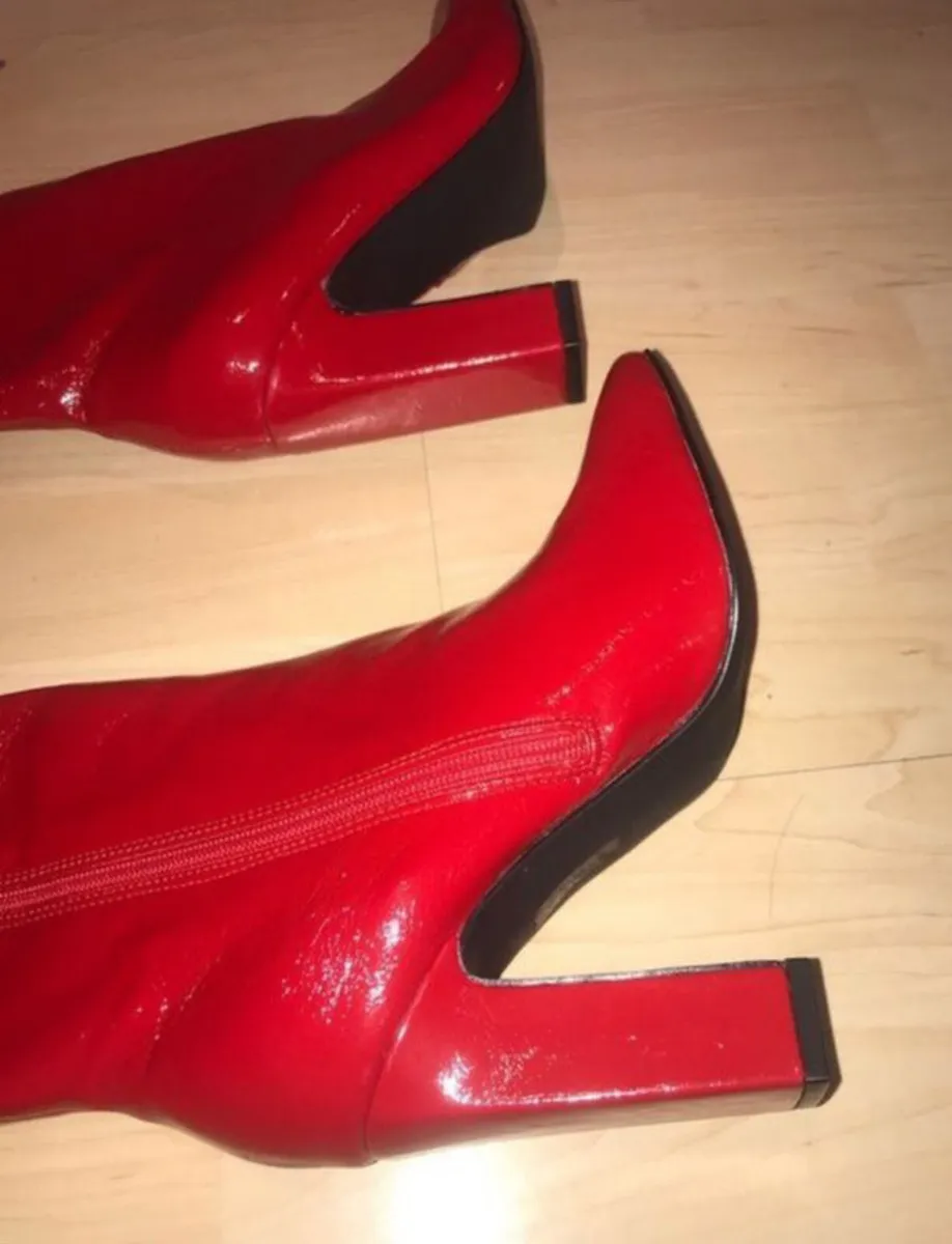 Patent Red Over The Knee Block Heel Boots - Image 2