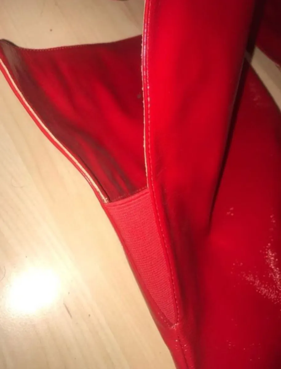 Patent Red Over The Knee Block Heel Boots - Image 4