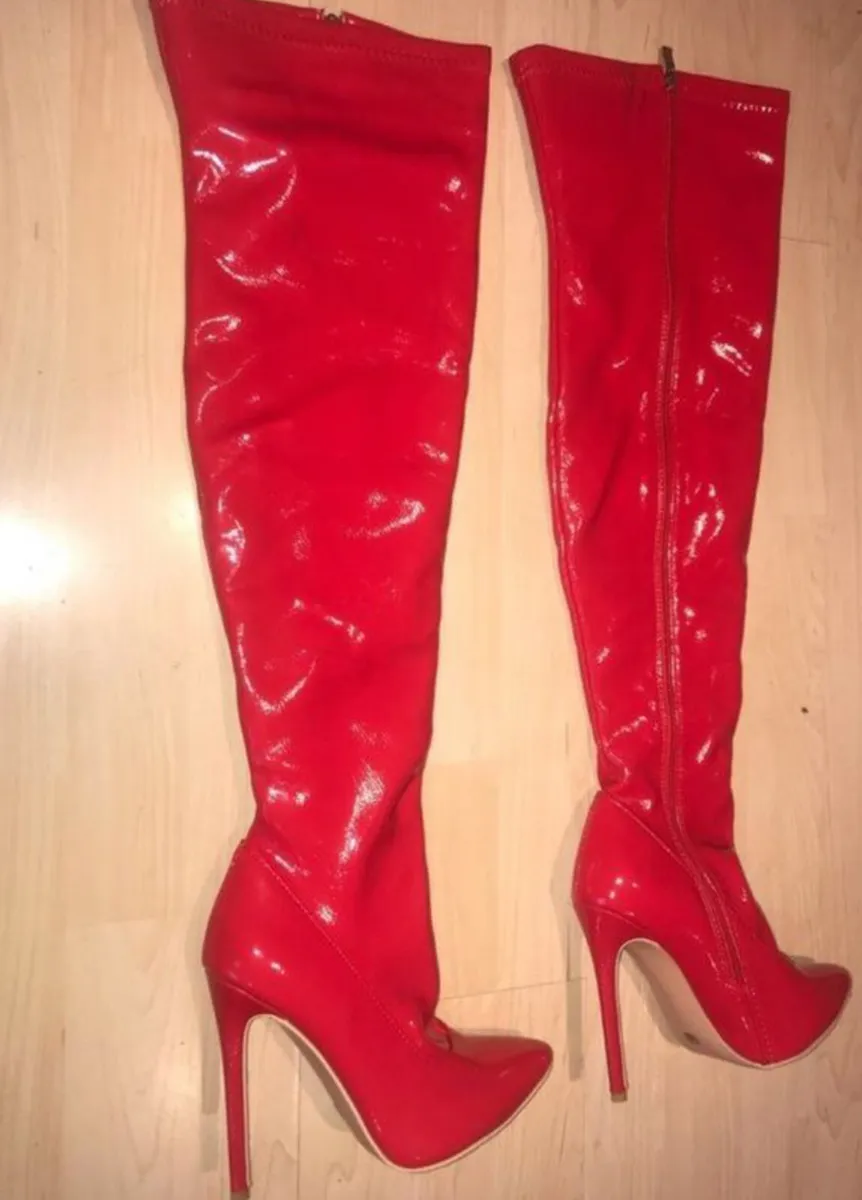 Patent Red Fur Lined Over The Knee Boots - Image 1