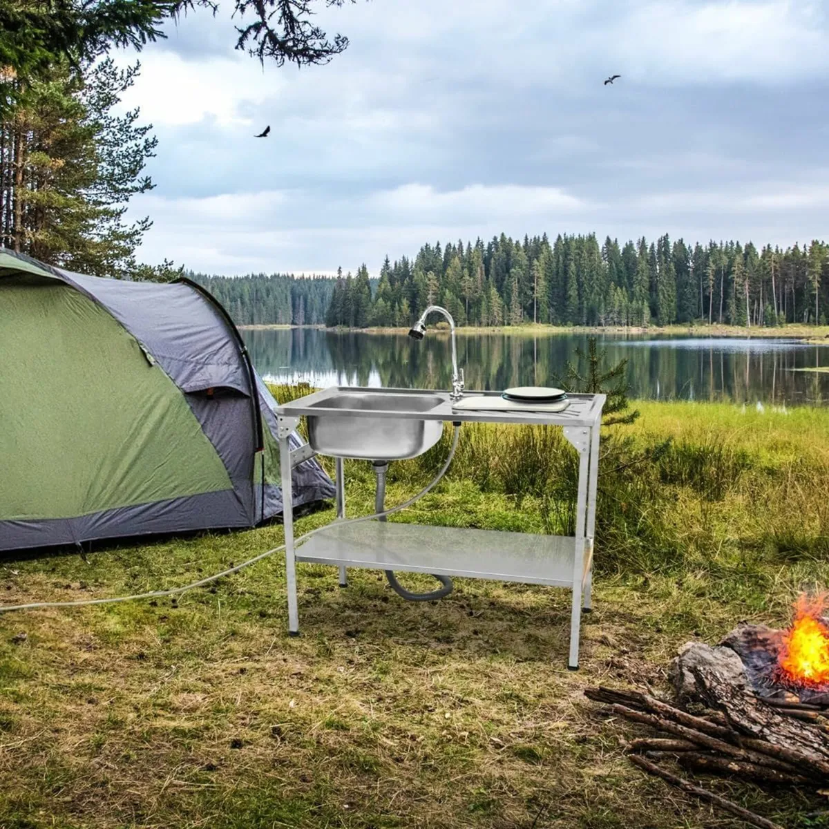 Foldable Stainless Steel Camping Sink with Tap - Image 1