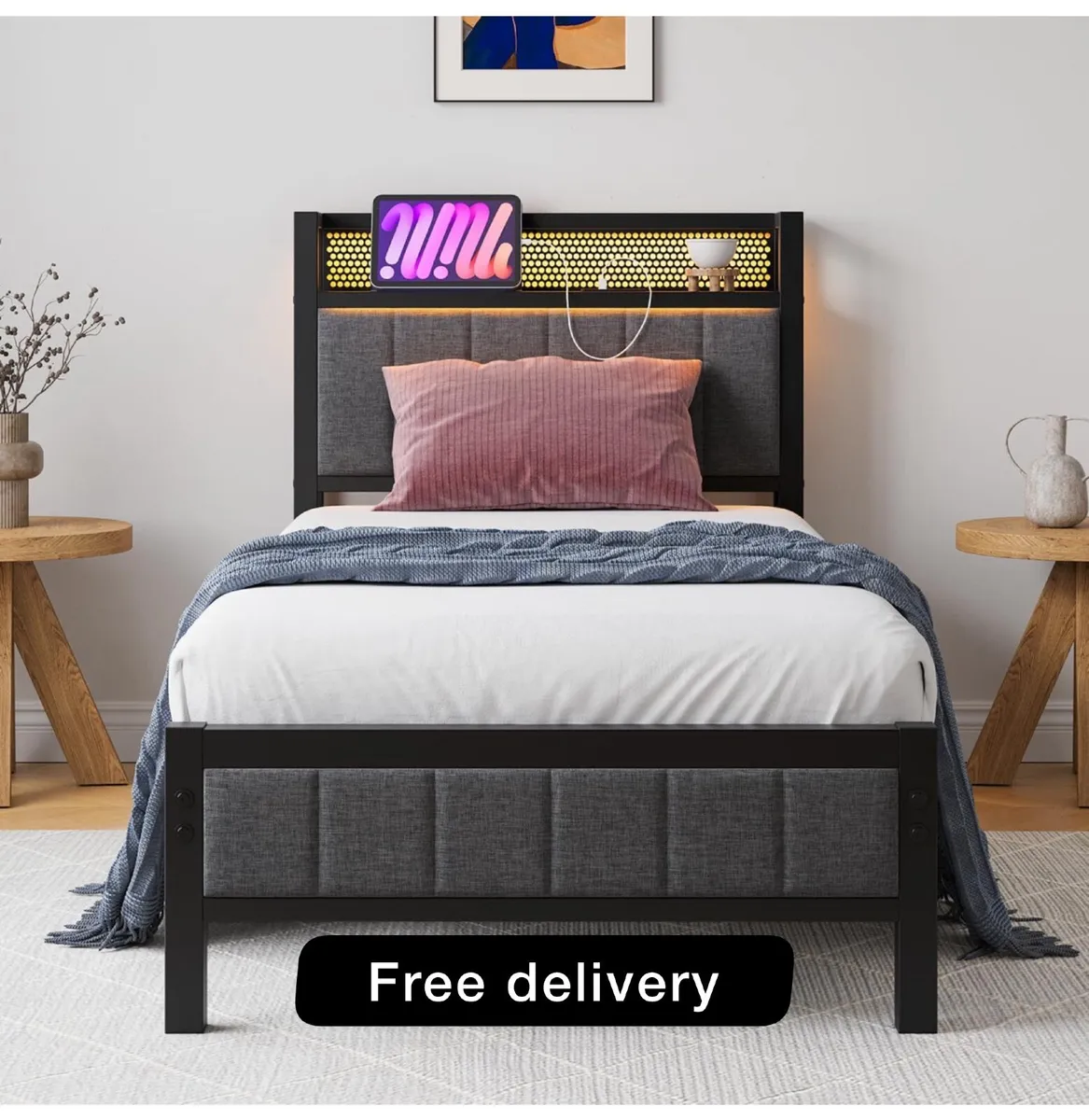 Single Bed Frames with Storage Headboard and Charg - Image 1