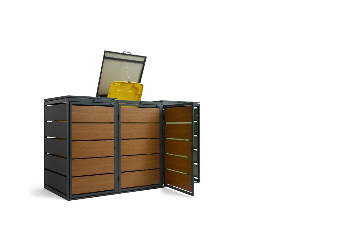 Triple Metal Wheelie Bin Shed Golden Oak - Image 1