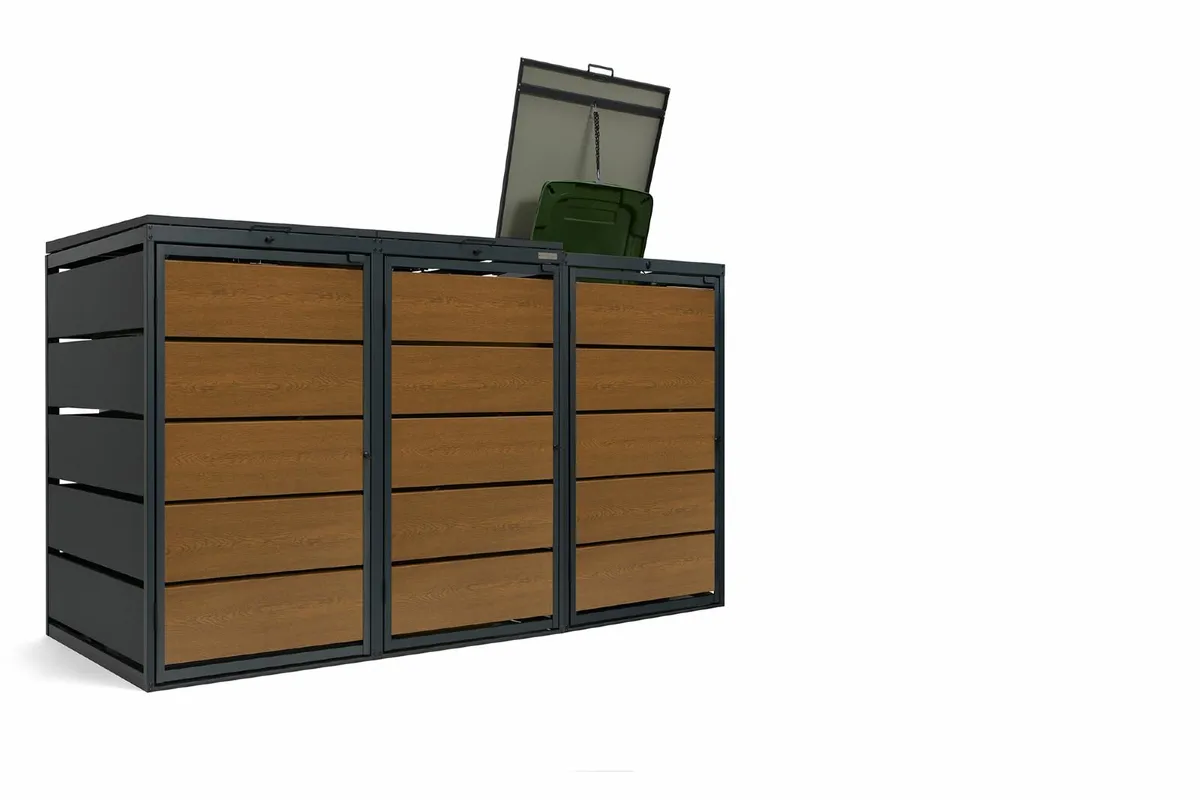 Triple Metal Wheelie Bin Shed Golden Oak - Image 3