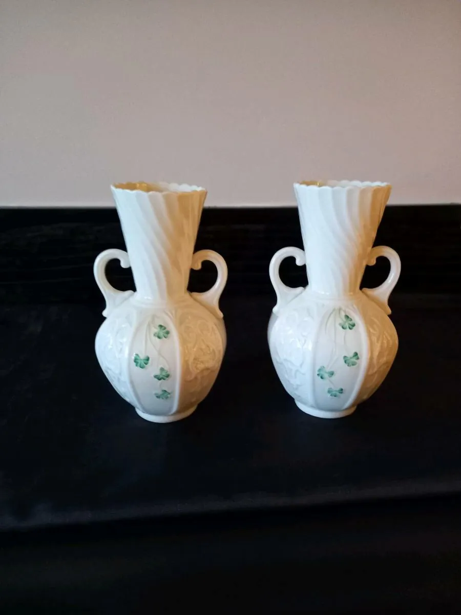 2 Belleek China Double Handle Vases - Image 1