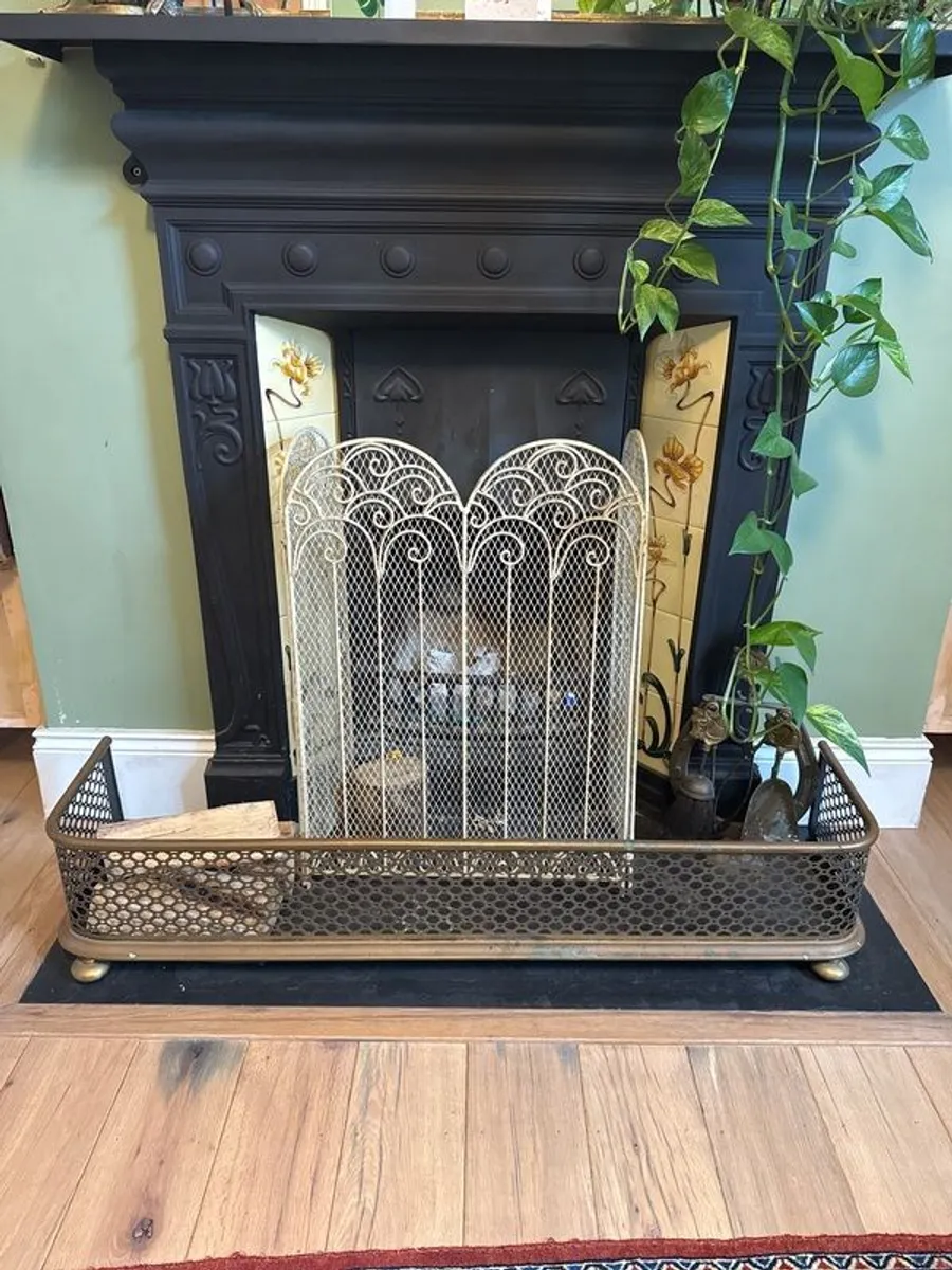 Vintage Wrought Iron Fireplace Screen | Ornate Victorian Style | Cream Painted Mesh Guard - Image 1