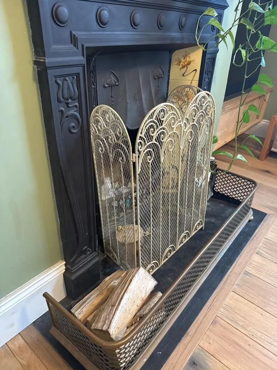Vintage Wrought Iron Fireplace Screen | Ornate Victorian Style | Cream Painted Mesh Guard - Image 2