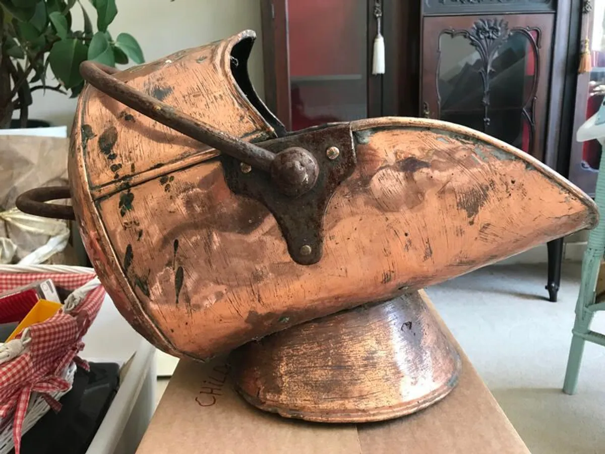 Antique Georgian Copper Riveted Coal Helmet, Coal Scuttle - Image 1
