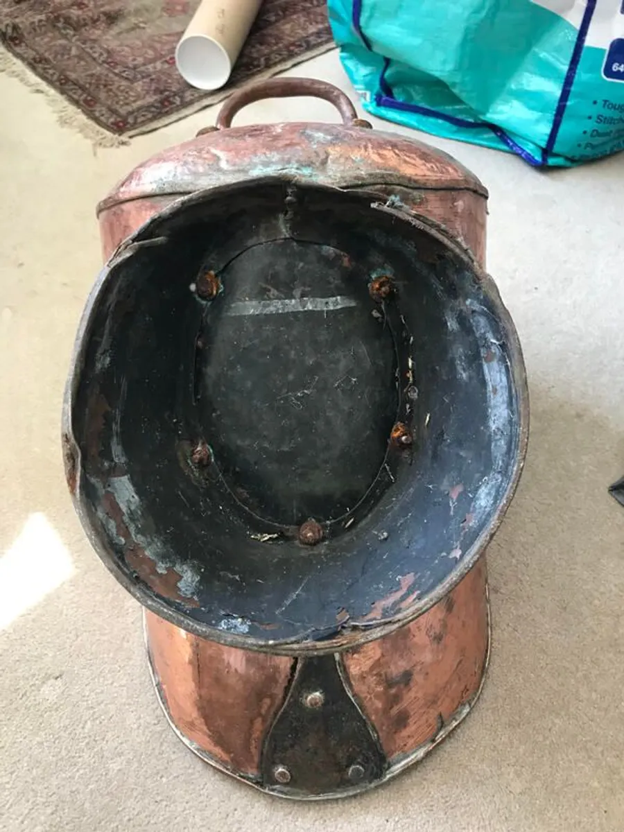 Antique Georgian Copper Riveted Coal Helmet, Coal Scuttle - Image 2