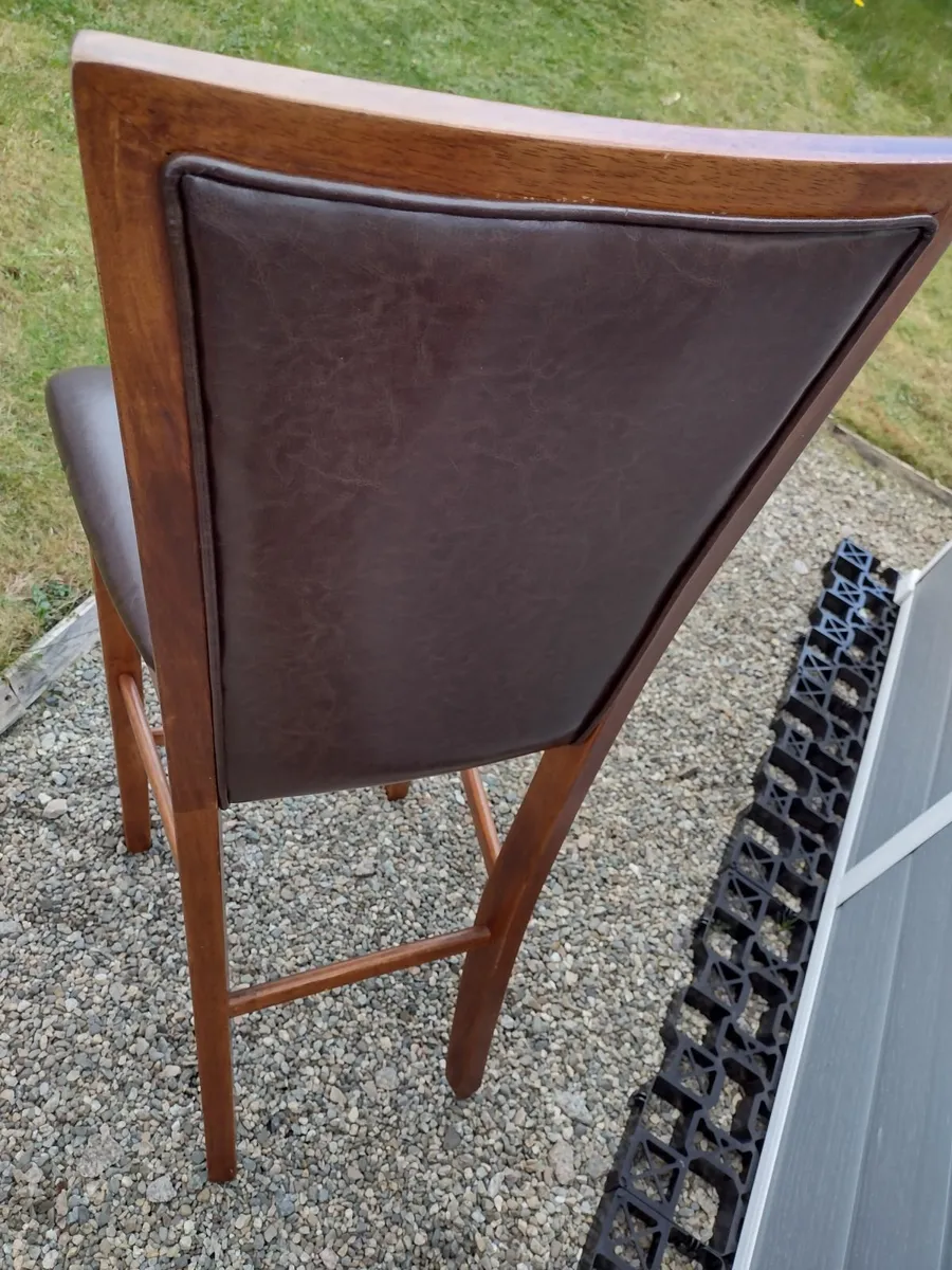 Walnut kitchen bar stool with brown leather seat. - Image 3