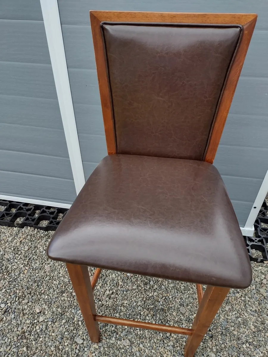 Walnut kitchen bar stool with brown leather seat. - Image 4
