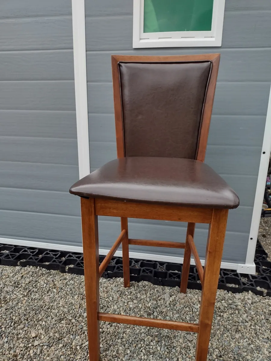 Walnut kitchen bar stool with brown leather seat. - Image 2