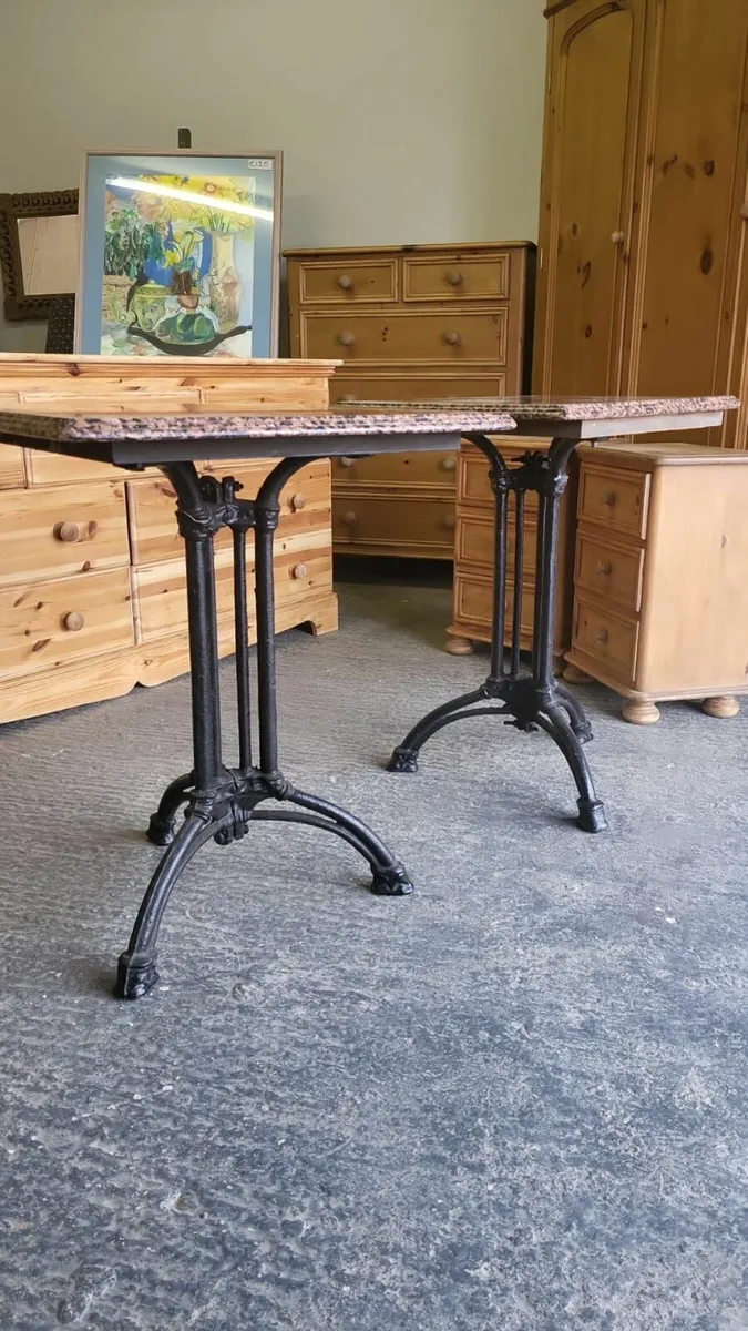 Pair vintage cast iron base granite top tables - Image 3