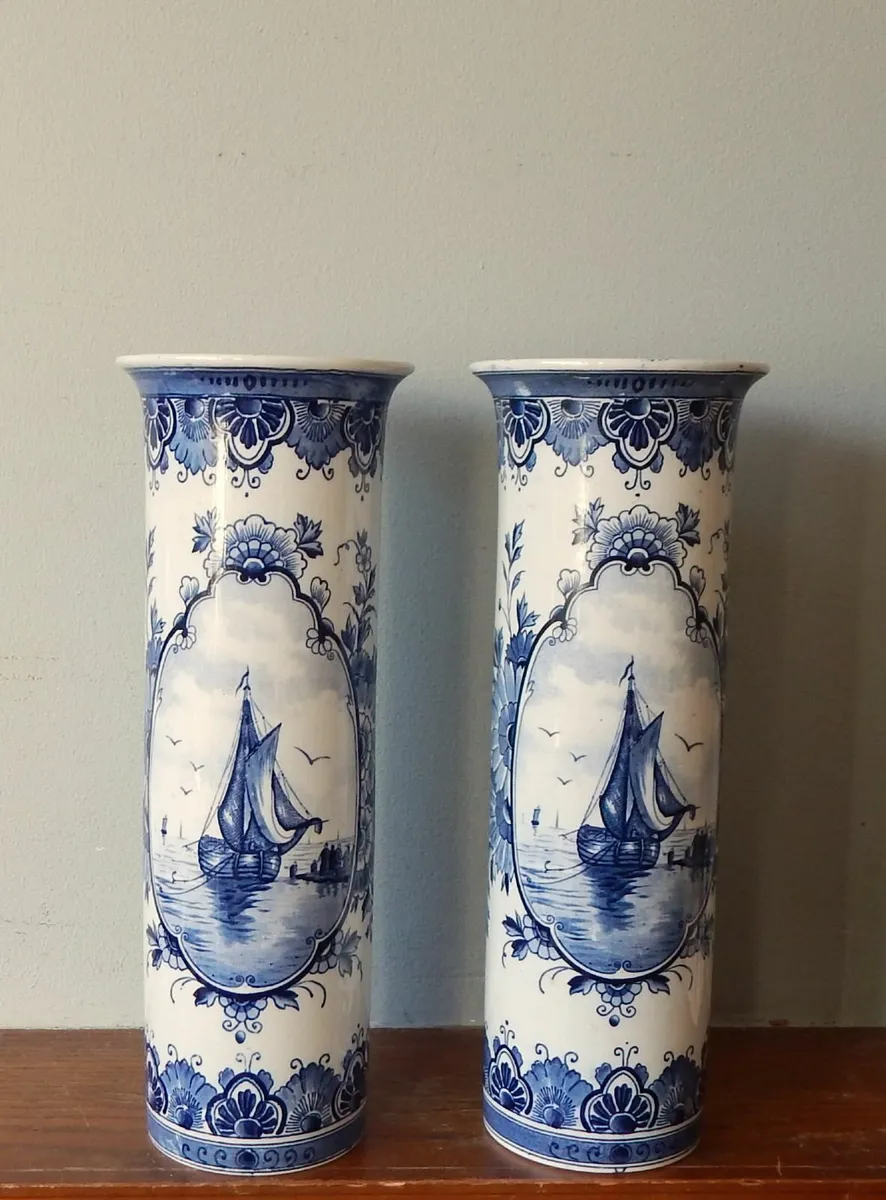 Pair of Ceramic Blue and White Delft Vases - Image 1