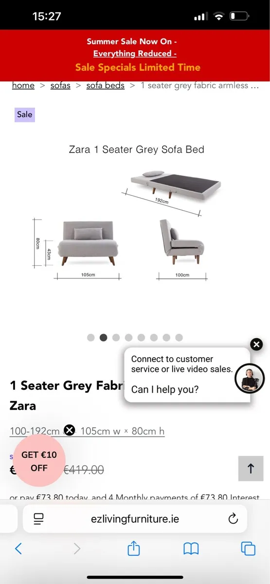 1 Seater Grey Fabric Armless Sofa Bed - Ezy Living - Image 2