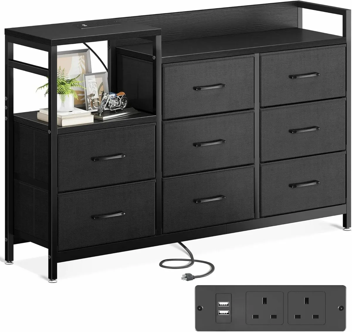 Black Chest of Drawers Bedroom USB Ports Sockets - Image 1