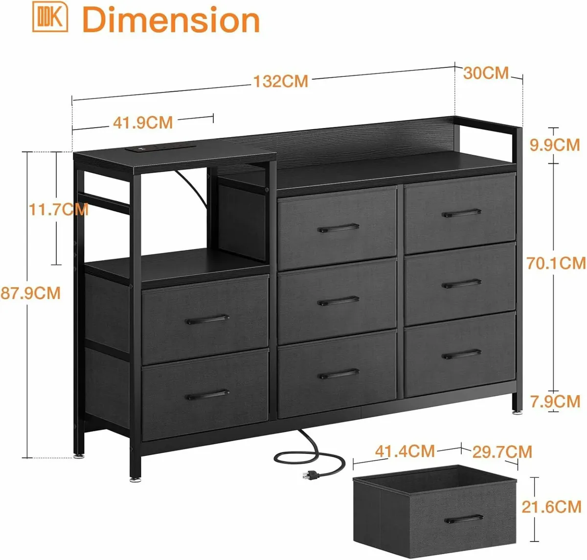 Black Chest of Drawers Bedroom USB Ports Sockets - Image 3