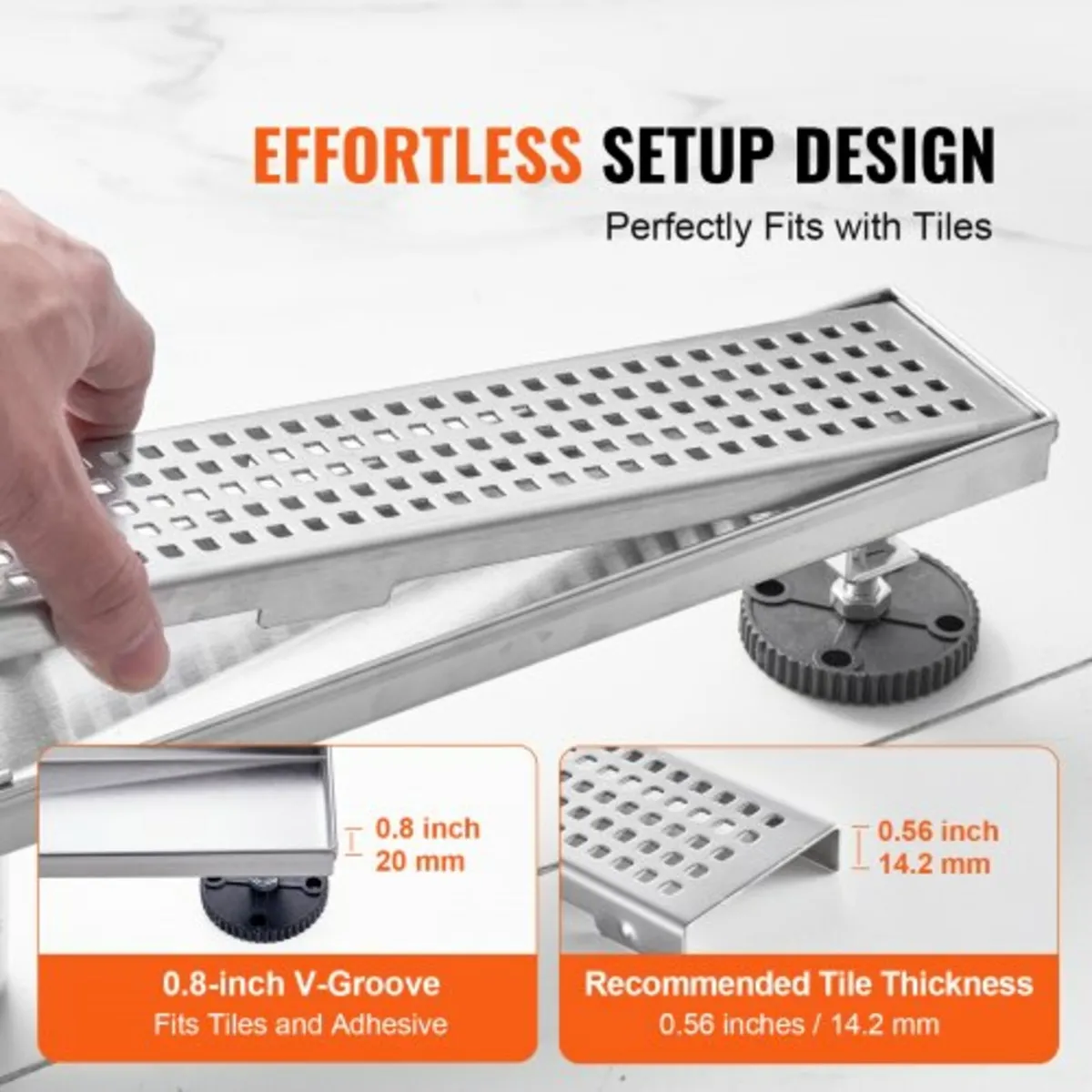 610mm Linear Shower Drain with Square Pattern silv - Image 3