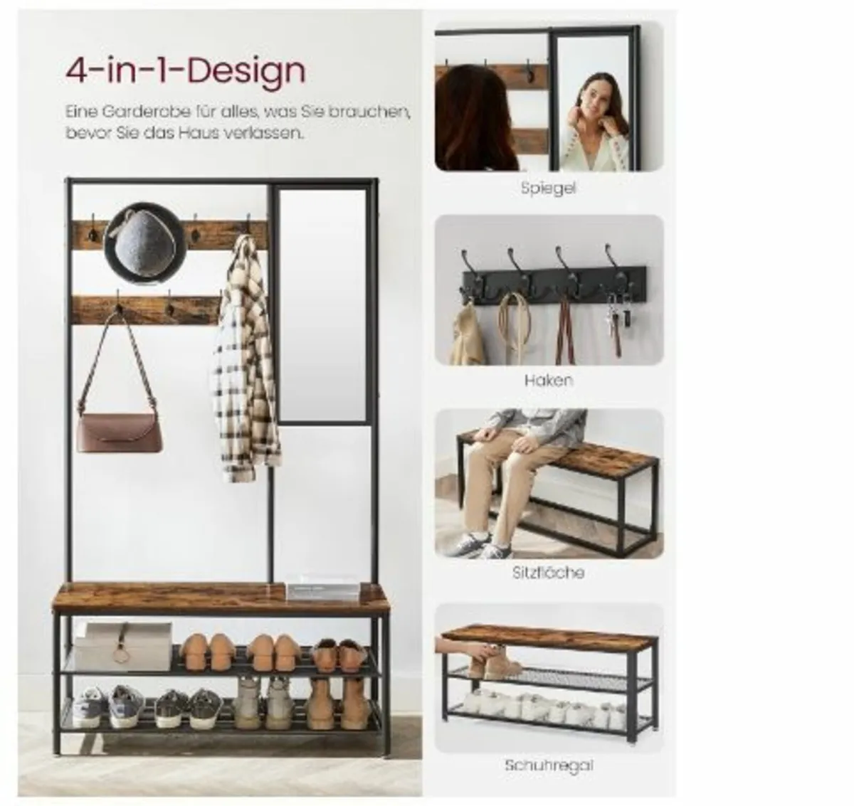 Coat Rack with Hooks Mirror Bench - Image 2
