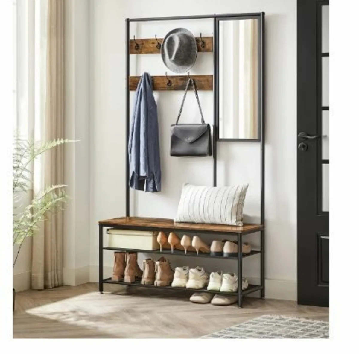 Coat Rack with Hooks Mirror Bench - Image 3