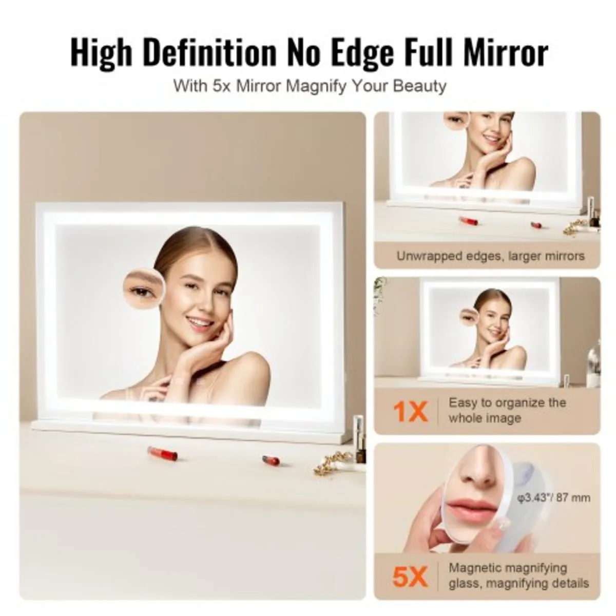 Lighted Makeup Mirror 3 Color w/ Bluetooth USB Des - Image 4