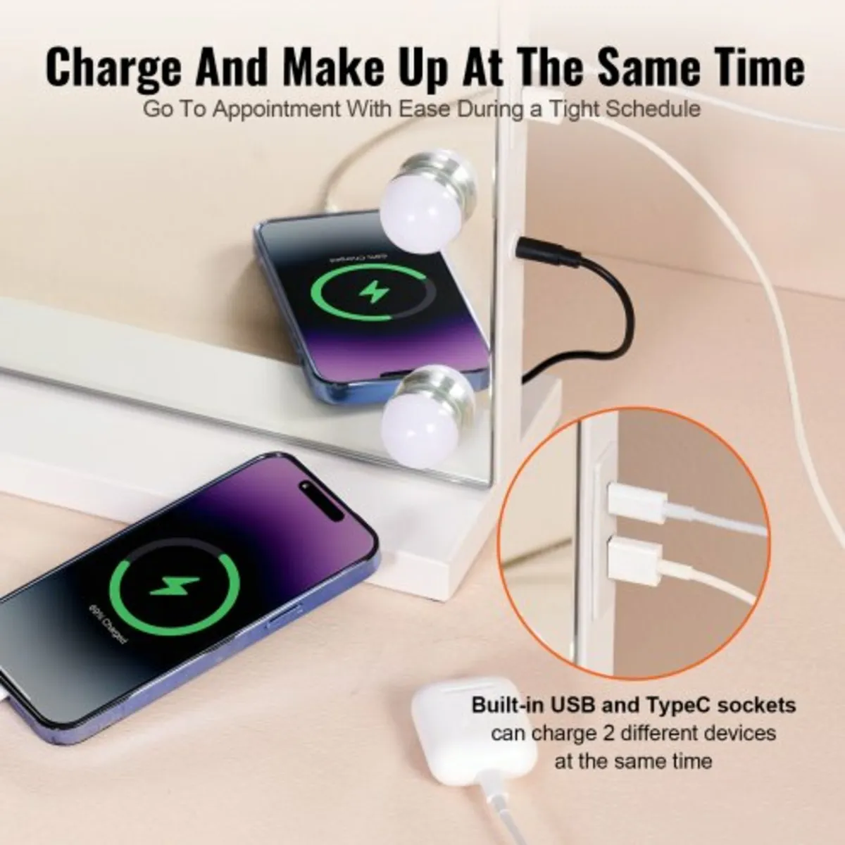 Vanity Mirror With Lights w/ USB Type C Desktop Wa - Image 4