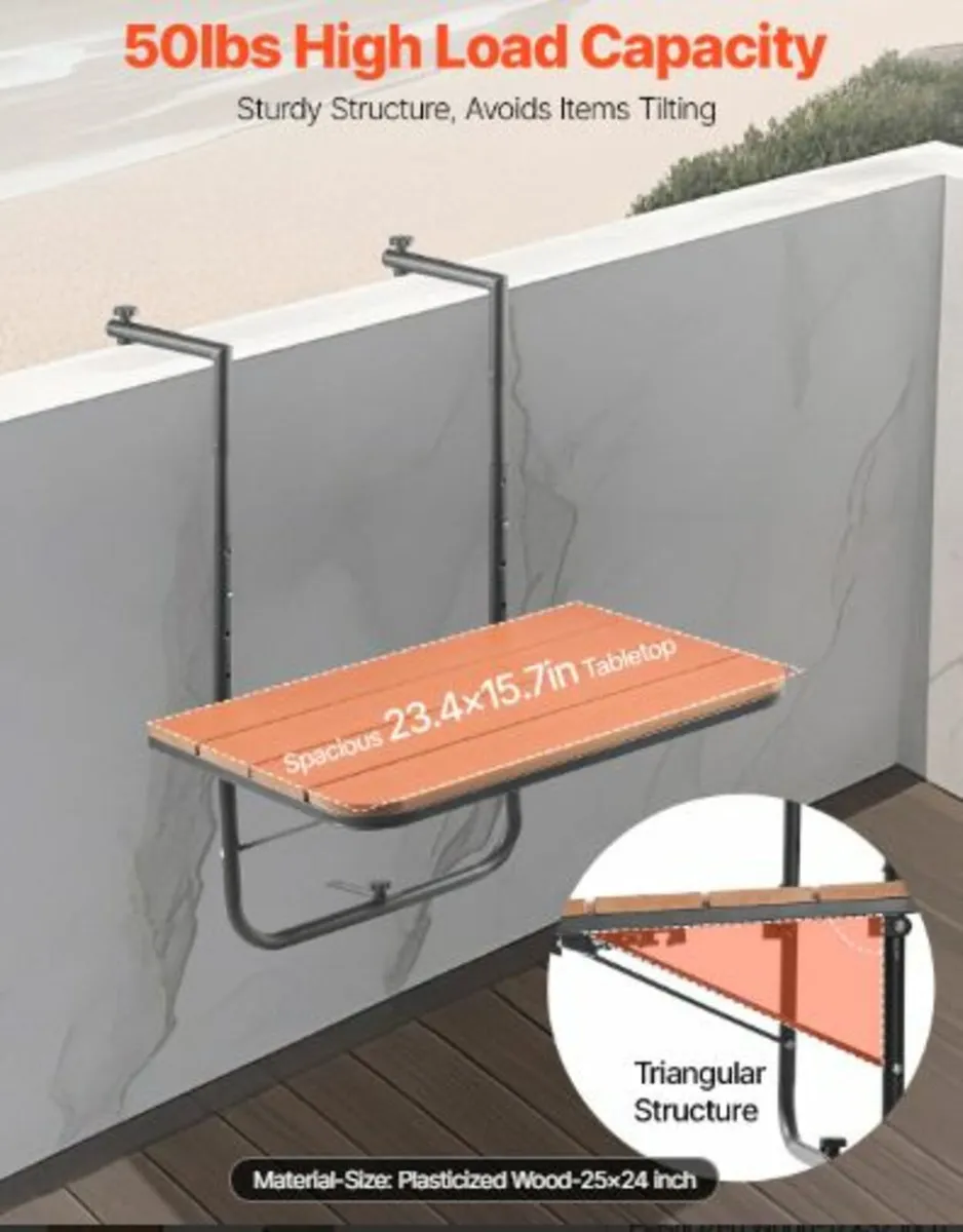 Balcony Hanging Table 25 x 24in Patio Railing Bar - Image 2