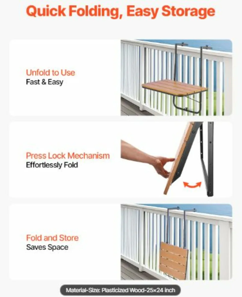Balcony Hanging Table 25 x 24in Patio Railing Bar - Image 3