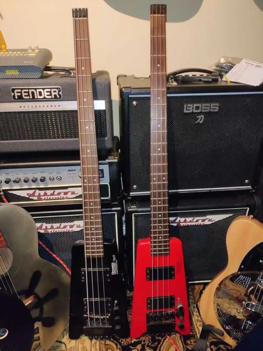 2 Hohner Professional B2A Red & Black Active Headless Bass Guitars - Image 1