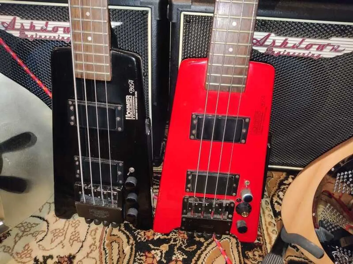 2 Hohner Professional B2A Red & Black Active Headless Bass Guitars - Image 3