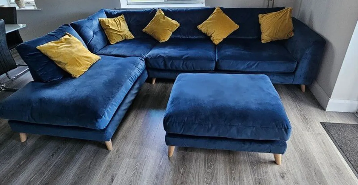 Like New Blue Velvet L Shaped Couch - Image 1