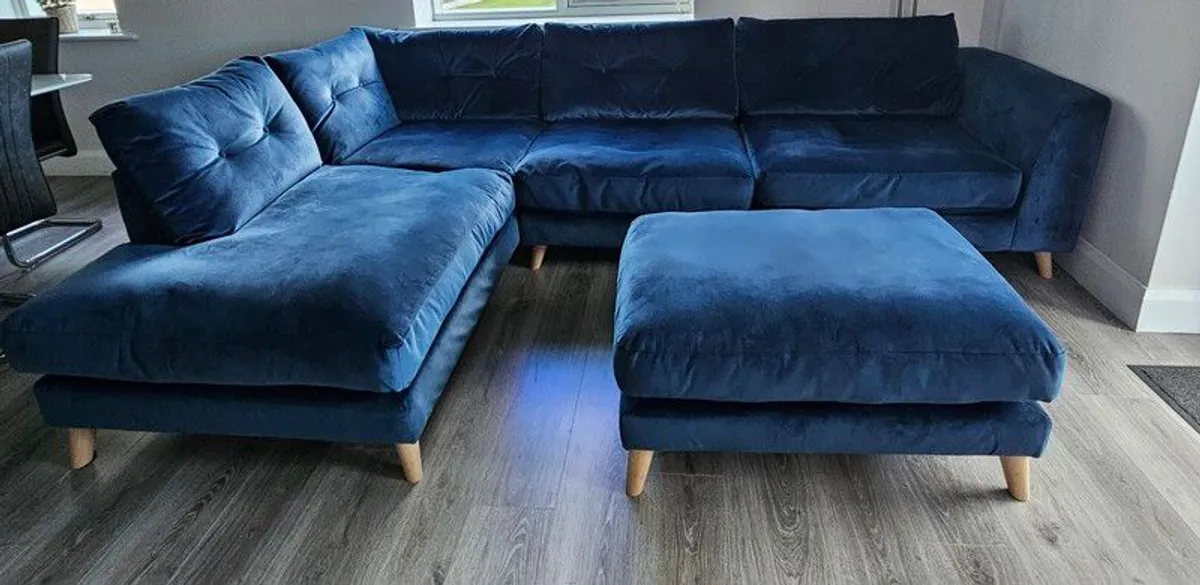 Like New Blue Velvet L Shaped Couch - Image 3