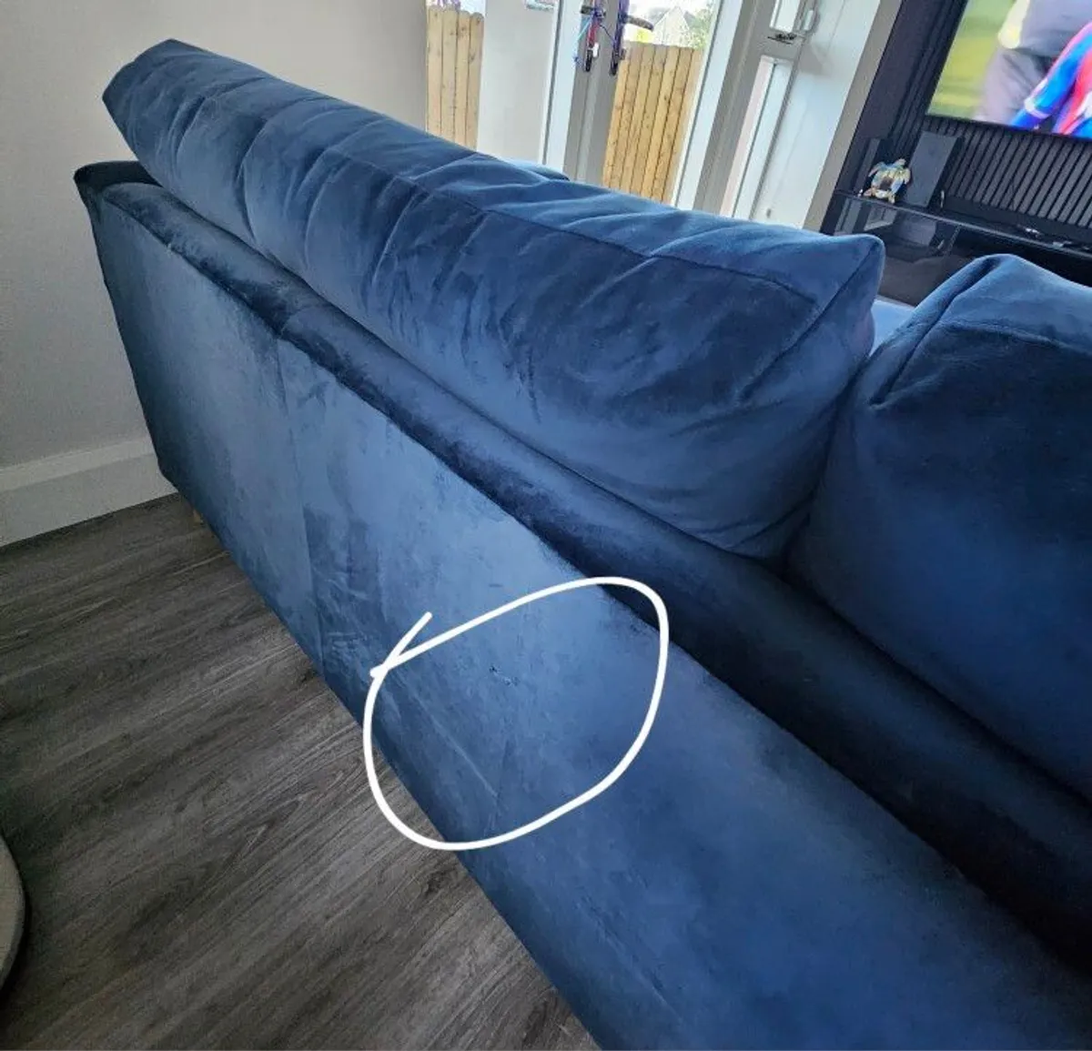 Like New Blue Velvet L Shaped Couch - Image 4