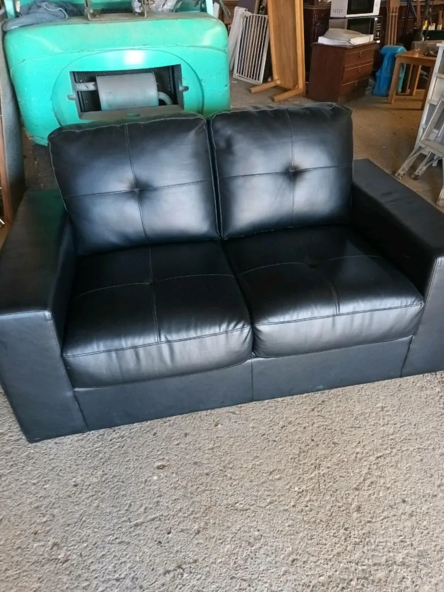 Black Leather Two Seater Sofa - Image 1