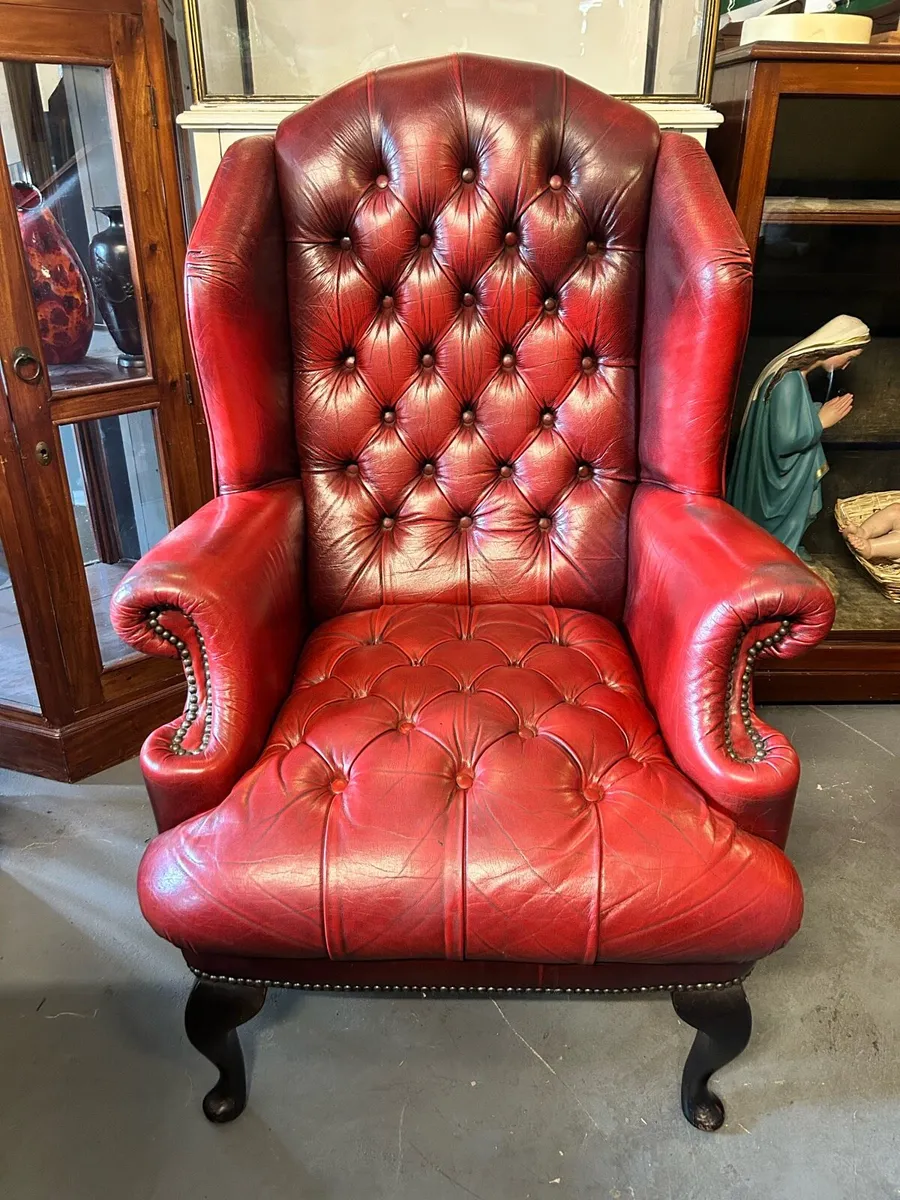 Red leather chesterfield wingback chair - Image 1