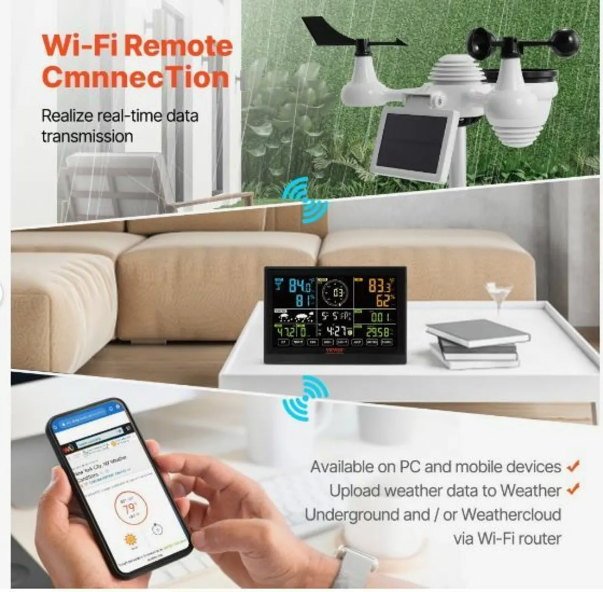 7-in-1 Wi-Fi Weather Station, 7.5 in Color Display - Image 2