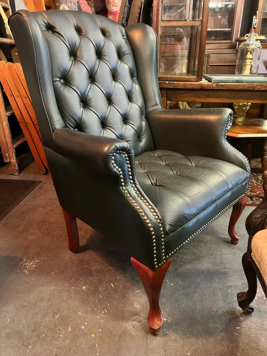 Green leather wingback chesterfield chair - Image 1