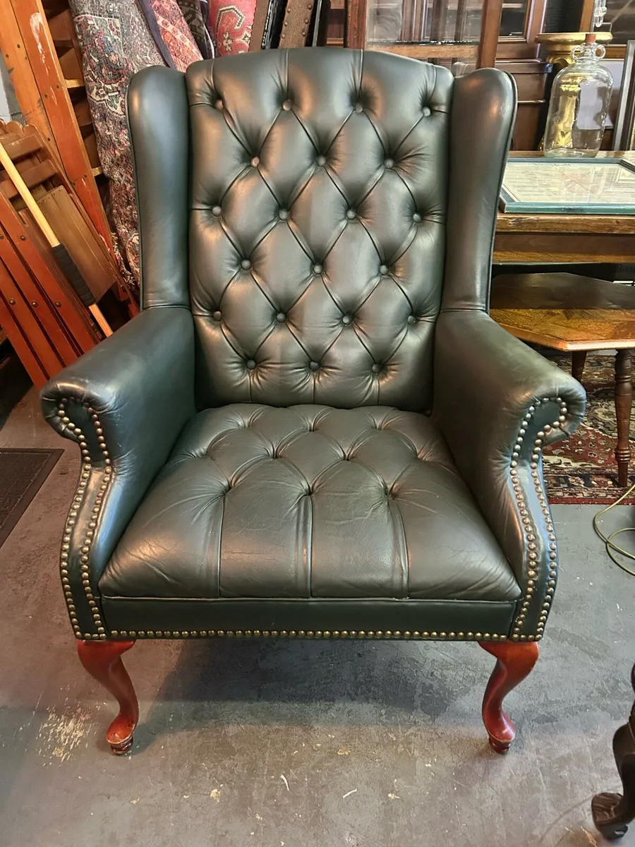 Green leather wingback chesterfield chair - Image 2