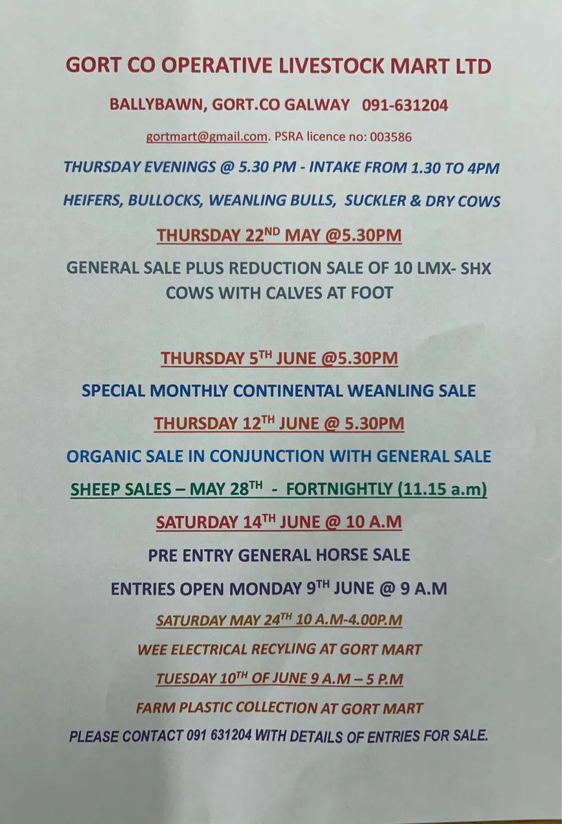 Gort Mart: Thurs 22nd May: Entries - Image 1