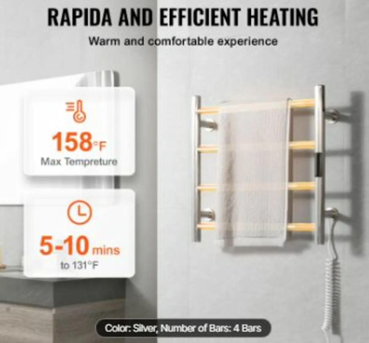 4-Bar Towel Warmer Rack Wall Mounted - Image 2