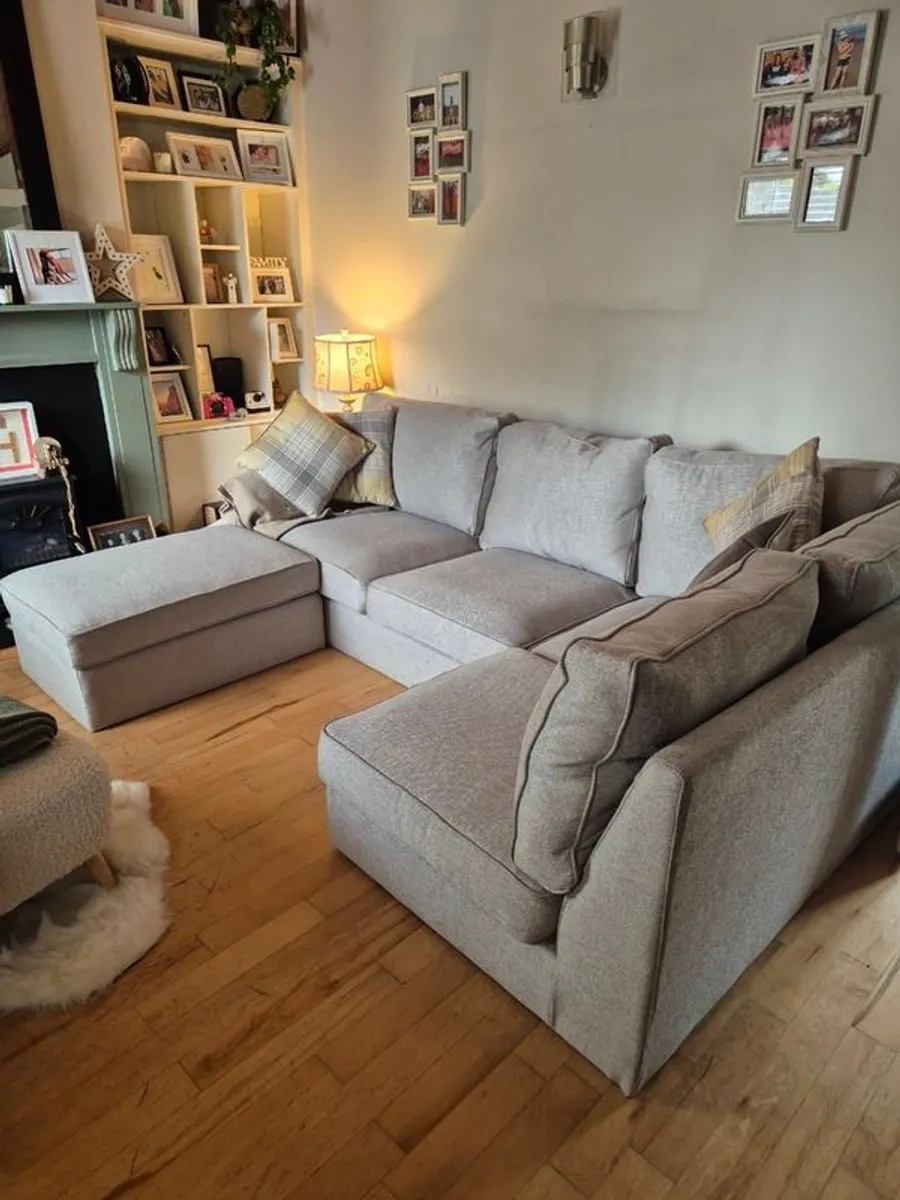 Corner Couch with Ottoman and gray scatter pillows- Like brand new 4months old - Image 1