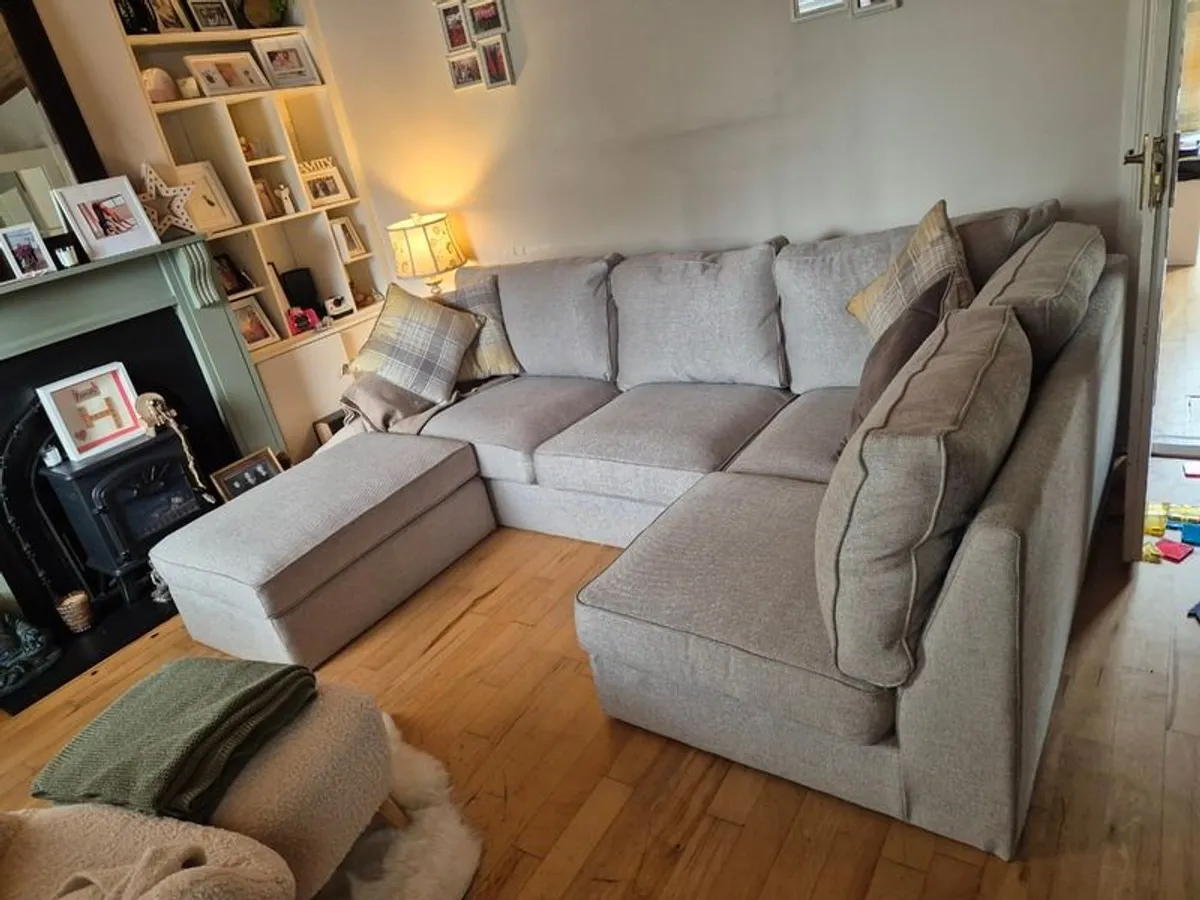 Corner Couch with Ottoman and gray scatter pillows- Like brand new 4months old - Image 2
