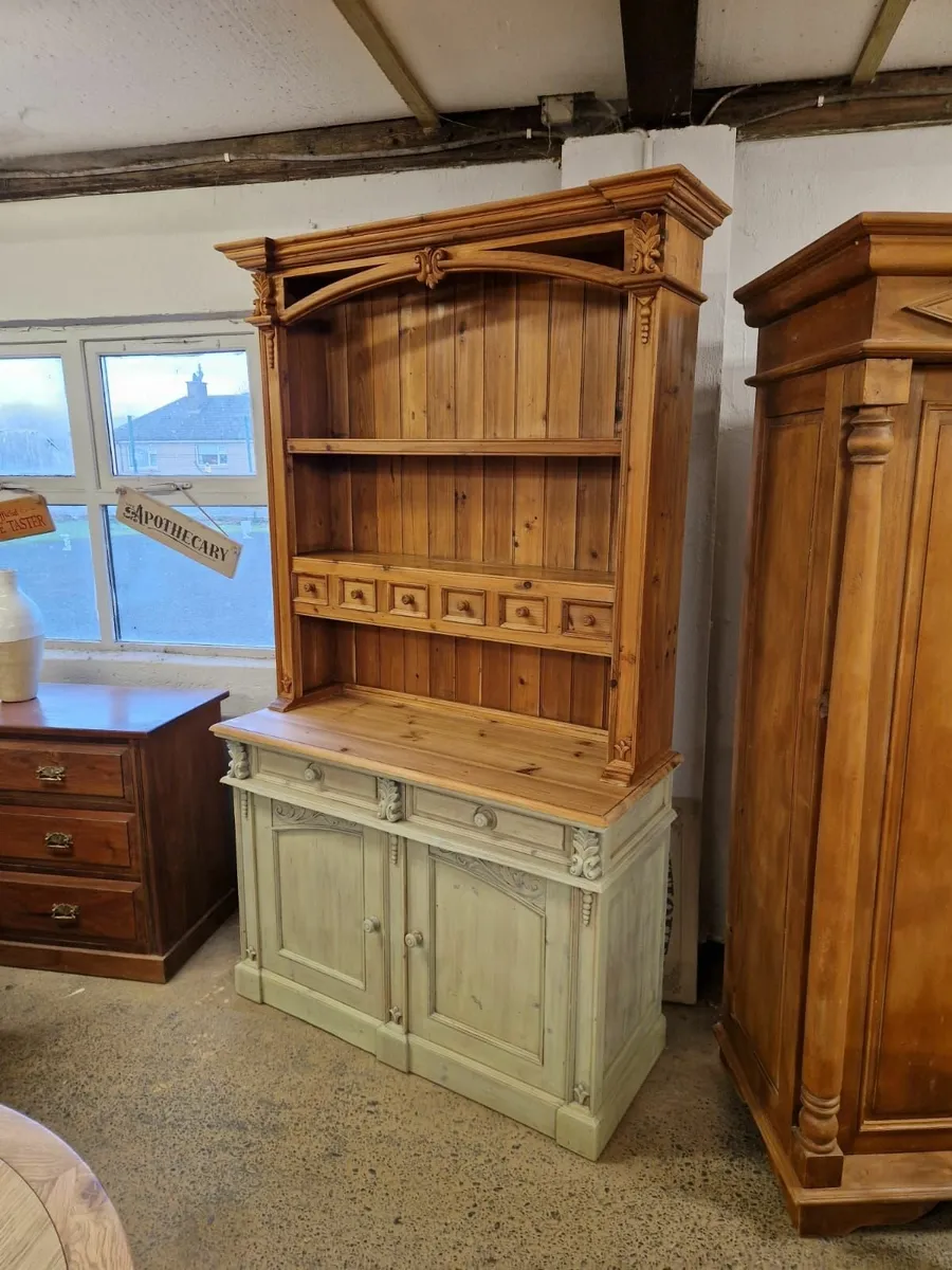 Vintage pine kitchen dresser, sage green - Image 2